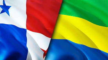 Panama ve Gabon bayrakları. 3 boyutlu dalgalanan bayrak tasarımı. Panama Gabon bayrağı, resim, duvar kağıdı. Panama Gabon 'a karşı, görüntü 3 boyutlu. Panama Gabon ilişkileri ittifak ve ticaret, seyahat, turizm konsepti