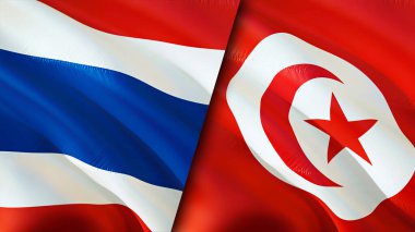 Tayland ve Tunus bayrakları. 3 boyutlu dalgalanan bayrak tasarımı. Tayland Tunus bayrağı, resim, duvar kağıdı. Tayland Tunus 'a karşı, görüntü 3 boyutlu. Tayland Tunus ilişkileri ittifak ve ticaret, seyahat, turnuva