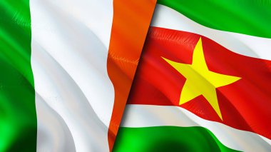 İrlanda ve Surinam bayrakları. 3 boyutlu dalgalanan bayrak tasarımı. İrlanda Surinam bayrağı, resim, duvar kağıdı. İrlanda Surinam 'a karşı, görüntü 3 boyutlu. İrlanda Surinam ilişkileri savaş ittifakı kavramı. Ticaret, turnuva