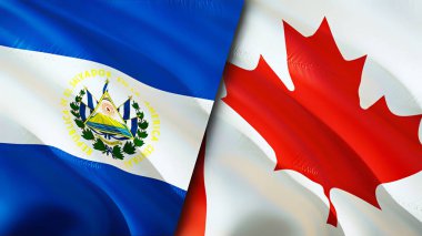 El Salvador ve Kanada bayrakları. 3 boyutlu dalgalanan bayrak tasarımı. El Salvador Kanada bayrağı, resim, duvar kağıdı. El Salvador Kanada 'ya karşı, görüntü 3D. El Salvador Kanada ilişkileri savaş ittifakı kavramı. Ticaret.