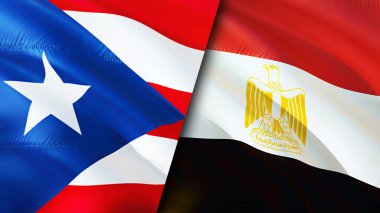 Porto Riko ve Mısır bayrakları. 3 boyutlu dalgalanan bayrak tasarımı. Porto Riko Mısır bayrağı, resim, duvar kağıdı. Porto Riko, Mısır 'a karşı görüntüsü, 3 boyutlu canlandırma. Porto Riko Mısır ilişkileri ittifak ve ticaret, seyahat, turnuva