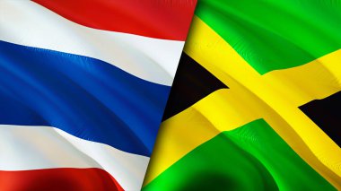 Tayland ve Jamaika bayrakları. 3 boyutlu dalgalanan bayrak tasarımı. Tayland ve Jamaika bayrağı, resim, duvar kağıdı. Tayland, Jamaika 'ya karşı. Görüntü 3 boyutlu. Tayland Jamaika ilişkileri ittifak ve ticaret, seyahat, turnuva