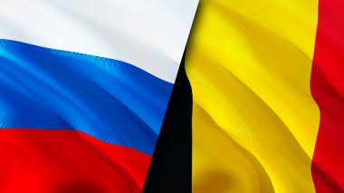 Rusya ve Belçika bayrakları. 3 boyutlu dalgalanan bayrak tasarımı. Rusya Belçika bayrağı, resim, duvar kağıdı. Rusya, Belçika 'ya karşı, görüntü 3 boyutlu. Rusya Belçika ilişkileri ittifak ve ticaret, seyahat, turizm konsepti
