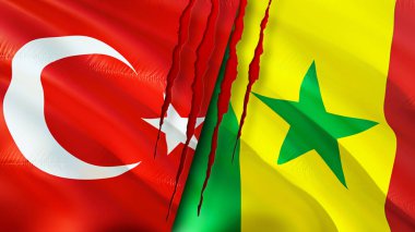 Yara izi olan Türkiye ve Senegal bayrakları. Dalgalanan bayrak, 3 boyutlu görüntüleme. Türkiye ve Senegal çatışma konsepti. Türkiye Senegal ilişkileri kavramı. Türkiye bayrağı ve Senegal krizi, savaş, saldırı konsepti