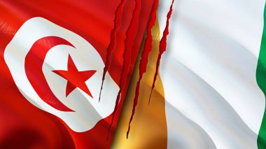 Tunus ve Fildişi Sahili bayrakları yara izi konseptiyle. Dalgalanan bayrak, 3 boyutlu görüntüleme. Tunus ve Fildişi Sahili çatışma konsepti. Tunus Fildişi Sahili İlişkileri konsepti. Tunus bayrağı ve Fildişi Sahili