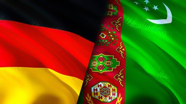 Almanya ve Türkmenistan bayrakları. 3 boyutlu dalgalanan bayrak tasarımı. Almanya Türkmenistan bayrağı, resim, duvar kağıdı. Almanya Türkmenistan 'a karşı, görüntü 3 boyutlu. Almanya Türkmenistan ilişkileri bir ittifak