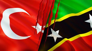 Türkiye, Saint Kitts ve Nevis bayraklarında yara izi var. Dalgalanan bayrak, 3 boyutlu görüntüleme. Türkiye ve Saint Kitts ve Nevis çatışma konsepti. Türkiye Saint Kitts ve Nevis ilişkileri kavramı. Türk bayrağı