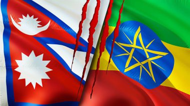 Yara izi olan Nepal ve Etiyopya bayrakları. Dalgalanan bayrak, 3 boyutlu görüntüleme. Nepal ve Etiyopya çatışma konsepti. Nepal Etiyopya ilişkileri kavramı. Nepal bayrağı ve Etiyopya krizi, savaş, saldırı konsepti