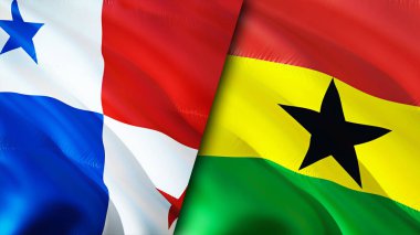 Panama ve Gana bayrakları. 3 boyutlu dalgalanan bayrak tasarımı. Panama Gana bayrağı, resim, duvar kağıdı. Panama, Gana 'ya karşı, görüntü 3 boyutlu. Panama Gana ilişkileri ittifak ve ticaret, seyahat, turizm konsepti