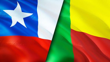 Şili ve Benin bayrakları. 3 boyutlu dalgalanan bayrak tasarımı. Şili Benin bayrağı, resim, duvar kağıdı. Şili, Benin 'e karşı. Görüntü 3 boyutlu. Şili Benin ilişkileri ittifak ve ticaret, seyahat, turizm konsepti