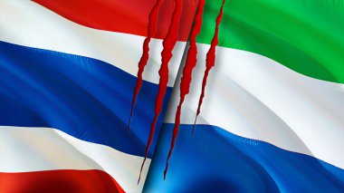 Yara izi olan Tayland ve Sierra Leone bayrakları. Dalgalanan bayrak, 3 boyutlu görüntüleme. Tayland ve Sierra Leone çatışma konsepti. Tayland Sierra Leone ilişkileri kavramı. Tayland ve Sierra Leon bayrağı