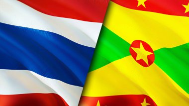 Tayland ve Grenada bayrakları. 3 boyutlu dalgalanan bayrak tasarımı. Tayland Grenada bayrağı, resim, duvar kağıdı. Tayland, Grenada 'ya karşı, görüntü 3 boyutlu. Tayland Grenada ilişkileri ittifak ve ticaret, seyahat, turnuva