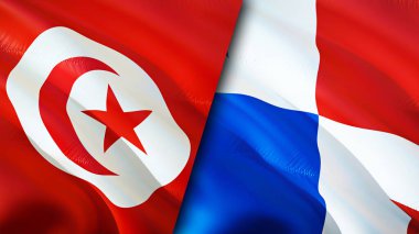 Tunus ve Panama bayrakları. 3 boyutlu dalgalanan bayrak tasarımı. Tunus Panama bayrağı, resim, duvar kağıdı. Tunus, Panama 'ya karşı, görüntü 3 boyutlu. Tunus Panama ilişkileri ittifak ve ticaret, seyahat, turizm konsepti