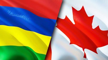 Mauritius ve Kanada bayrakları. 3 boyutlu dalgalanan bayrak tasarımı. Mauritius Kanada bayrağı, resim, duvar kağıdı. Mauritius, Kanada 'ya karşı. Görüntü 3 boyutlu. Mauritius Kanada ilişkileri ittifak ve ticaret, seyahat, turnuva