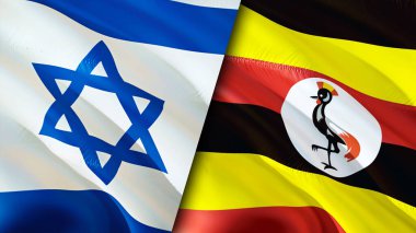 İsrail ve Uganda bayrakları. 3 boyutlu dalgalanan bayrak tasarımı. İsrail Uganda bayrağı, resim, duvar kağıdı. İsrail, Uganda 'ya karşı, görüntü 3 boyutlu. İsrail Uganda ilişkileri ittifak ve ticaret, seyahat, turizm konsepti