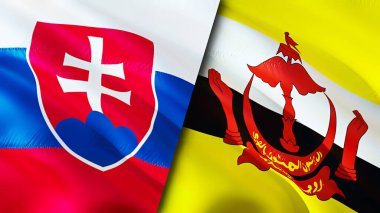 Slovakya ve Brunei bayrakları. 3 boyutlu dalgalanan bayrak tasarımı. Slovakya Brunei bayrağı, resim, duvar kağıdı. Slovakya Brunei 'ye karşı, görüntü 3 boyutlu. Slovakya Brunei ilişkileri ittifak ve ticaret, seyahat, turizm konsepti
