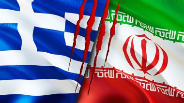 Yunanistan ve İran yara izi kavramına sahip bayraklar. Dalgalanan bayrak, 3 boyutlu görüntüleme. Yunanistan ve İran çatışma konsepti. Yunanistan İran ilişkileri kavramı. Yunanistan bayrağı ve İran krizi, savaş, saldırı konsepti