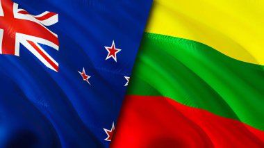Yeni Zelanda ve Litvanya bayrakları. 3 boyutlu dalgalanan bayrak tasarımı. Yeni Zelanda Litvanya bayrağı, resim, duvar kağıdı. Yeni Zelanda, Litvanya 'ya karşı, görüntü 3D. Yeni Zelanda Litvanya ilişkileri savaş ittifakı