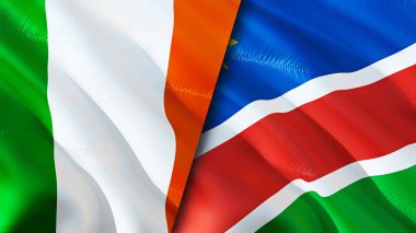 İrlanda ve Namibya bayrakları. 3 boyutlu dalgalanan bayrak tasarımı. İrlanda Namibya bayrağı, resim, duvar kağıdı. İrlanda, Namibya 'ya karşı, görüntü 3 boyutlu. İrlanda Namibya ilişkileri savaş ittifakı kavramı. Ticaret, turnuva.