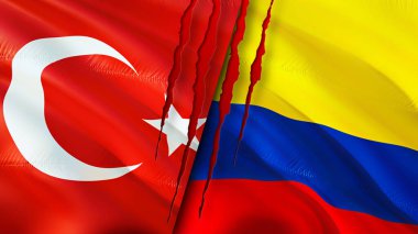 Yara izi olan Türkiye ve Kolombiya bayrakları. Dalgalanan bayrak, 3 boyutlu görüntüleme. Türkiye ve Kolombiya çatışma konsepti. Türkiye Kolombiya ilişkileri kavramı. Türkiye ve Kolombiya bayrağı krizi, savaş, saldırı konsepti