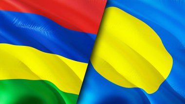 Mauritius ve Palau bayrakları. 3 boyutlu dalgalanan bayrak tasarımı. Mauritius Palau bayrağı, resim, duvar kağıdı. Mauritius, Palau 'ya karşı, görüntü 3 boyutlu. Mauritius Palau ilişkileri ittifak ve ticaret, seyahat, turizm konsepti