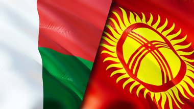 Madagaskar ve Kırgızistan bayrakları. 3 boyutlu dalgalanan bayrak tasarımı. Madagaskar Kırgızistan bayrağı, resim, duvar kağıdı. Madagaskar, Kırgızistan 'a karşı, görüntü 3 boyutlu. Madagaskar Kırgızistan İttifakı