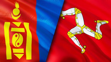 Moğolistan ve Man Adası bayrakları. 3 boyutlu dalgalanan bayrak tasarımı. Moğolistan Erkek Adası bayrağı, resim, duvar kağıdı. Moğolistan, Man Adası 'na karşı. Görüntü 3 boyutlu. Moğolistan Erkek İlişkileri Adası