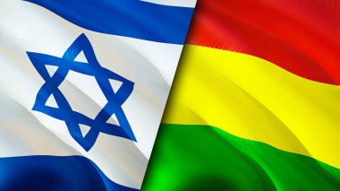 İsrail ve Bolivya bayrakları. 3 boyutlu dalgalanan bayrak tasarımı. İsrail Bolivya bayrağı, resim, duvar kağıdı. İsrail, Bolivya 'ya karşı, görüntü 3 boyutlu. İsrail Bolivya ilişkileri ittifak ve ticaret, seyahat, turizm konsepti