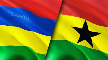Mauritius ve Gana bayrakları. 3 boyutlu dalgalanan bayrak tasarımı. Mauritius Gana bayrağı, resim, duvar kağıdı. Mauritius, Gana 'ya karşı, görüntü 3 boyutlu. Mauritius Gana ilişkileri ittifak ve ticaret, seyahat, turizm konsepti