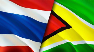 Tayland ve Guyana bayrakları. 3 boyutlu dalgalanan bayrak tasarımı. Tayland Guyana bayrağı, resim, duvar kağıdı. Tayland, Guyana 'ya karşı, görüntü 3 boyutlu. Tayland Guyana ilişkileri ittifak ve ticaret, seyahat, turizm konsepti