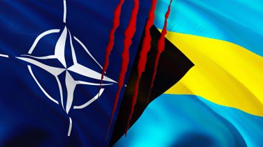Yara izi olan NATO ve Bahamalar bayrakları. Dalgalanan bayrak, 3 boyutlu görüntüleme. Bahamalar ve NATO çatışma konsepti. NATO Bahamalar ilişkileri kavramı. NATO ve Bahamalar bayrağı kriz, savaş, saldırı konsepti