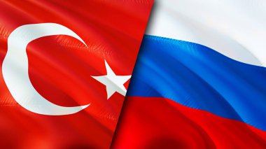 Türkiye ve Rusya bayrakları. 3 boyutlu dalgalanan bayrak tasarımı. Türkiye Rusya bayrağı, resim, duvar kağıdı. Türkiye, Rusya 'ya karşı imaj, 3D görüntüleme. Türkiye Rusya ile ilişkiler ittifak ve ticaret, seyahat ve turizm kavramları