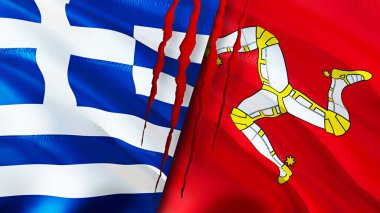 Yunanistan ve Man Adası yara izi olan bayraklar. Dalgalanan bayrak, 3 boyutlu görüntüleme. Yunanistan ve Man Adası çatışma konsepti. Yunanistan Erkek İlişkileri Adası konsepti. Yunanistan bayrağı ve Man Adası krizi, savaş