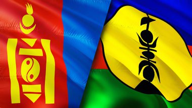 Moğolistan ve Yeni Kaledonya bayrakları. 3 boyutlu dalgalanan bayrak tasarımı. Moğolistan Yeni Kaledonya bayrağı, resim, duvar kağıdı. Moğolistan, Yeni Kaledonya 'ya karşı, görüntü 3 boyutlu. Moğolistan Yeni Kaledonya ilişkileri