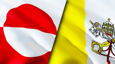 Grönland ve Vatikan bayrakları. 3 boyutlu dalgalanan bayrak tasarımı. Grönland Vatikan bayrağı, resim, duvar kağıdı. Grönland, Vatikan 'a karşı, 3 boyutlu görüntü. Grönland Vatikan ilişkileri ittifak ve ticaret, seyahat, turnuva