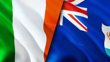 İrlanda ve Anguilla bayrakları. 3 boyutlu dalgalanan bayrak tasarımı. İrlanda Anguilla bayrağı, resim, duvar kağıdı. İrlanda, Anguilla 'ya karşı, görüntü 3 boyutlu. İrlanda Anguilla ilişkileri savaş ittifakı kavramı. Ticaret, turnuva.