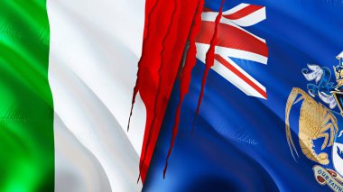 İtalya ve Tristan da Cunha yara izi olan bayraklar. Dalgalanan bayrak, 3 boyutlu görüntüleme. İtalya ve Tristan da Cunha çatışma konsepti. İtalya Tristan da Cunha ilişkileri kavramı. İtalya ve Tristan d.