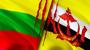 Yara izi olan Litvanya ve Brunei bayrakları. Dalgalanan bayrak, 3 boyutlu görüntüleme. Litvanya ve Brunei çatışma konsepti. Litvanya Brunei ilişkileri kavramı. Litvanya bayrağı ve Brunei krizi, savaş, attac