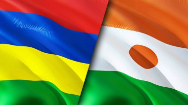 Mauritius ve Nijer bayrakları. 3 boyutlu dalgalanan bayrak tasarımı. Mauritius Nijer bayrağı, resim, duvar kağıdı. Mauritius, Nijer imajına karşı, 3 boyutlu canlandırma. Mauritius Nijer ilişkileri ittifak ve ticaret, seyahat, turizm konsepti