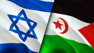 İsrail ve Batı Sahra bayrakları. 3 boyutlu dalgalanan bayrak tasarımı. İsrail Batı Sahra bayrağı, resim, duvar kağıdı. İsrail, Batı Sahra 'ya karşı, görüntü 3D. İsrail Batı Sahra ilişkileri ittifakı