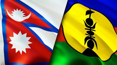 Nepal ve Yeni Kaledonya bayrakları. 3 boyutlu dalgalanan bayrak tasarımı. Nepal Yeni Kaledonya bayrağı, resim, duvar kağıdı. Nepal, Yeni Kaledonya 'ya karşı, görüntü 3 boyutlu. Nepal Yeni Kaledonya ilişkileri ittifakı