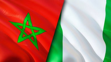 Fas ve Nijerya bayrakları. 3 boyutlu dalgalanan bayrak tasarımı. Fas Nijerya bayrağı, resim, duvar kağıdı. Fas, Nijerya imajına karşı, 3 boyutlu canlandırma. Fas Nijerya ilişkileri ittifak ve ticaret, seyahat, turizm konsepti