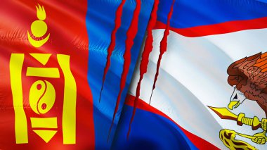 Yara izi olan Moğolistan ve Amerikan Samoası bayrakları. Dalgalanan bayrak, 3 boyutlu görüntüleme. Moğolistan ve Amerikan Samoası çatışma konsepti. Moğolistan Amerikan Samoa ilişkileri kavramı. Moğolistan ve Amerika bayrağı