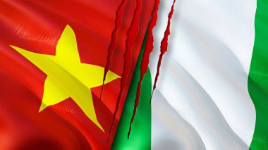 Vietnam ve Nijerya bayrakları. 3 boyutlu dalgalanan bayrak tasarımı. Vietnam Nijerya bayrağı, resim, duvar kağıdı. Vietnam, Nijerya imajına karşı, 3 boyutlu canlandırma. Vietnam Nijerya ilişkileri ittifak ve ticaret, seyahat, turizm konsepti