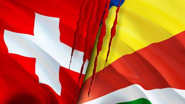 İsviçre ve Seyşel bayrakları yara izi konseptiyle. Dalgalanan bayrak, 3 boyutlu görüntüleme. İsviçre ve Seyşeller çatışma konsepti. İsviçre Seyşeller ilişkileri kavramı. İsviçre bayrağı ve
