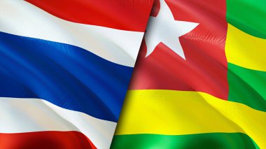 Tayland ve Togo bayrakları. 3 boyutlu dalgalanan bayrak tasarımı. Tayland Togo bayrağı, resim, duvar kağıdı. Tayland, Togo 'ya karşı, görüntü 3 boyutlu. Tayland Togo ilişkileri ittifak ve ticaret, seyahat, turizm konsepti