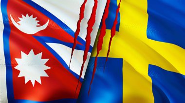 Yara izi olan Nepal ve İsveç bayrakları. Dalgalanan bayrak, 3 boyutlu görüntüleme. Nepal ve İsveç çatışma konsepti. Nepal İsveç ilişkileri kavramı. Nepal ve İsveç krizi bayrağı, savaş, saldırı konsepti