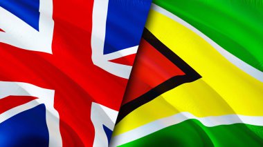 İngiltere ve Guyana bayrakları. 3 boyutlu dalgalanan bayrak tasarımı. Birleşik Krallık Guyana bayrağı, resim, duvar kağıdı. Birleşik Krallık, Guyana 'ya karşı, görüntü 3 boyutlu. Birleşik Krallık Guyana ilişkileri bir ittifak
