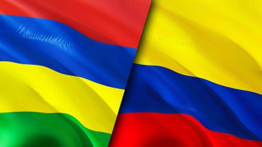 Mauritius ve Kolombiya bayrakları. 3 boyutlu dalgalanan bayrak tasarımı. Mauritius Kolombiya bayrağı, resim, duvar kağıdı. Mauritius Kolombiya 'ya karşı, görüntü 3 boyutlu. Mauritius Kolombiya İlişkiler Birliği