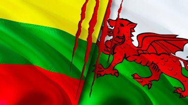 Yara izi olan Litvanya ve Galler bayrakları. Dalgalanan bayrak, 3 boyutlu görüntüleme. Litvanya ve Galler çatışma konsepti. Litvanya Galler ilişkileri kavramı. Litvanya ve Galler bayrağı krizi, savaş, saldırı konsepti